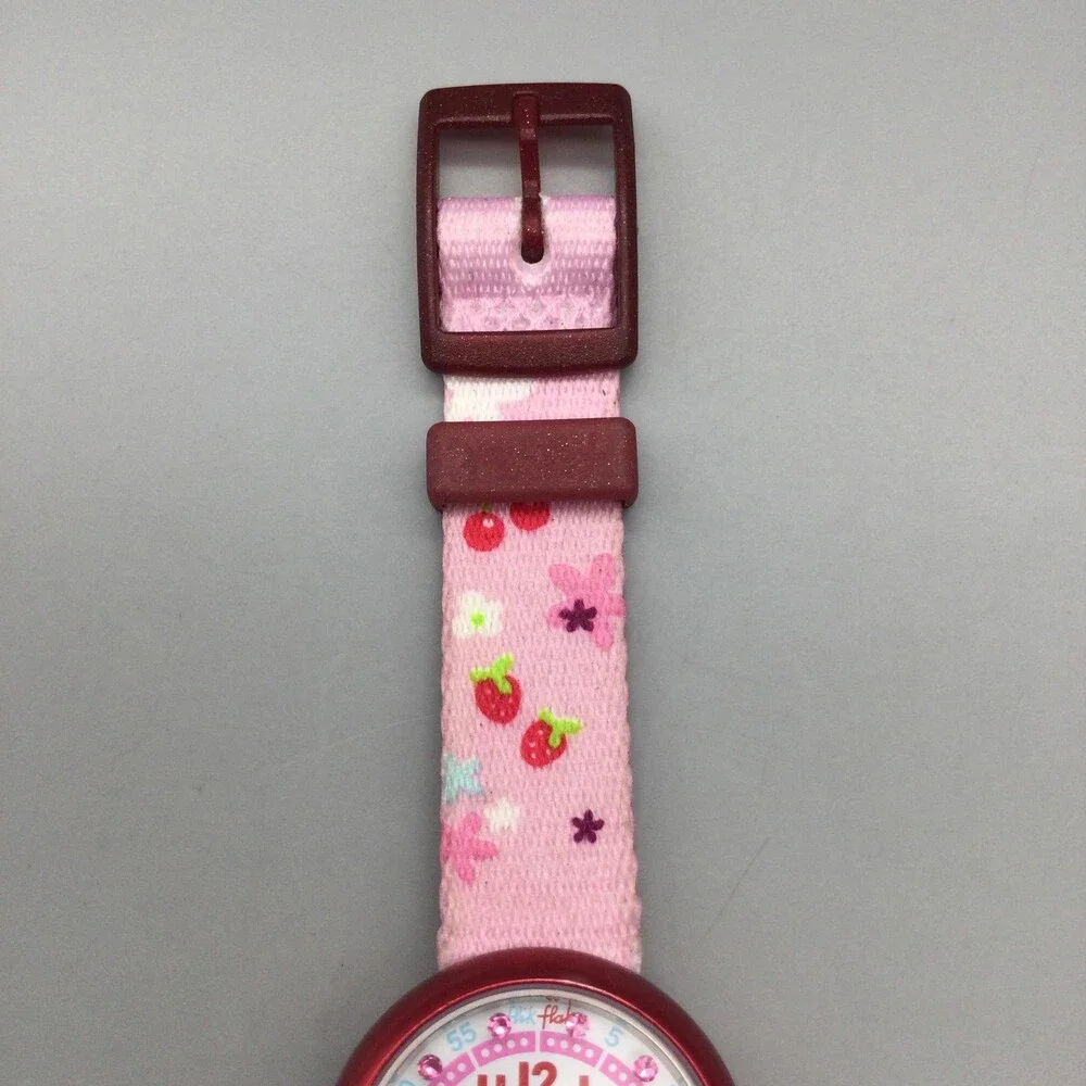 Flik Flak Prune et Fraise Girls Watch 28mm Pink Strawberry Swiss New Battery